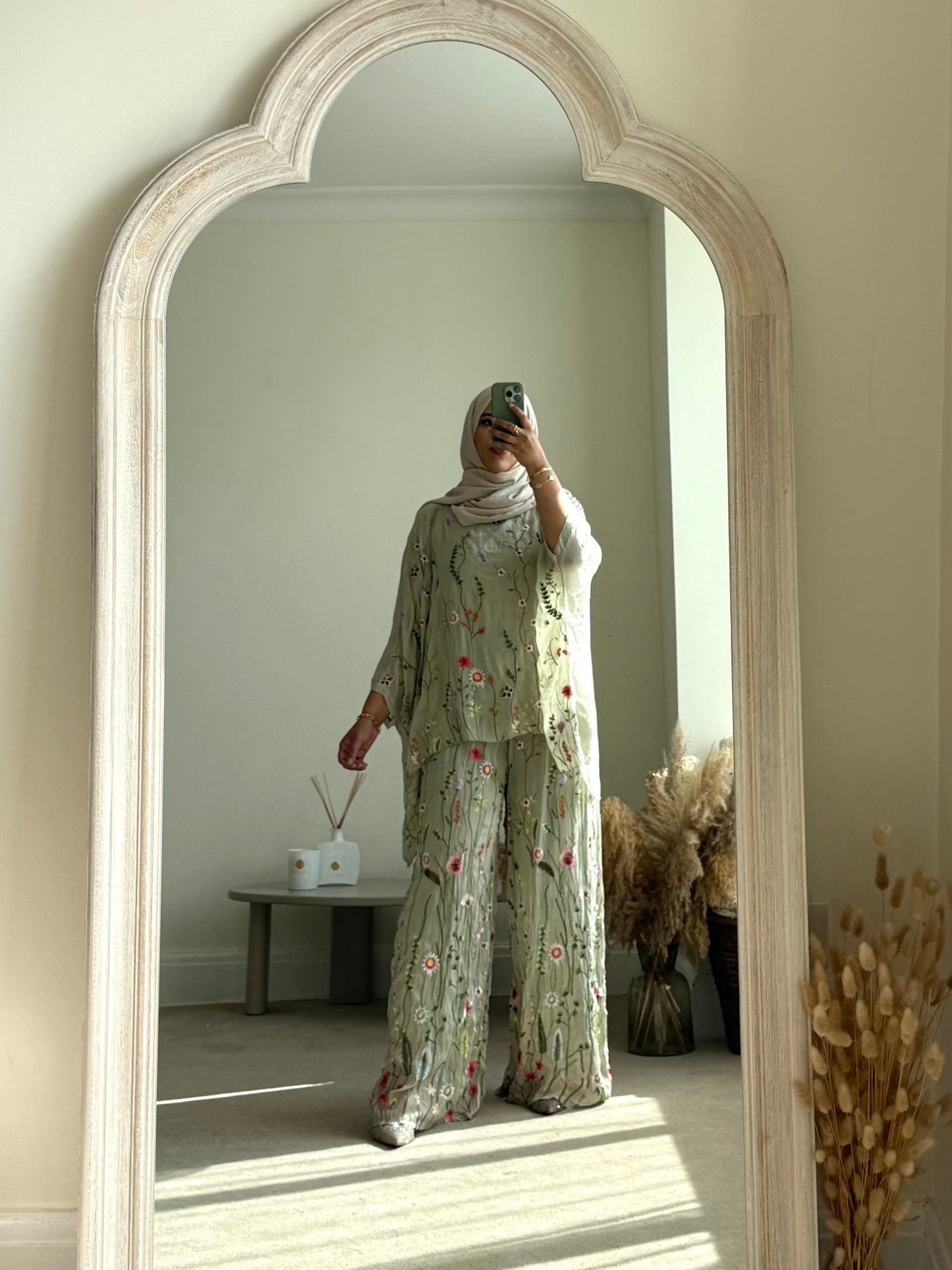 Floral embroidered Co-ord set - Sage Green