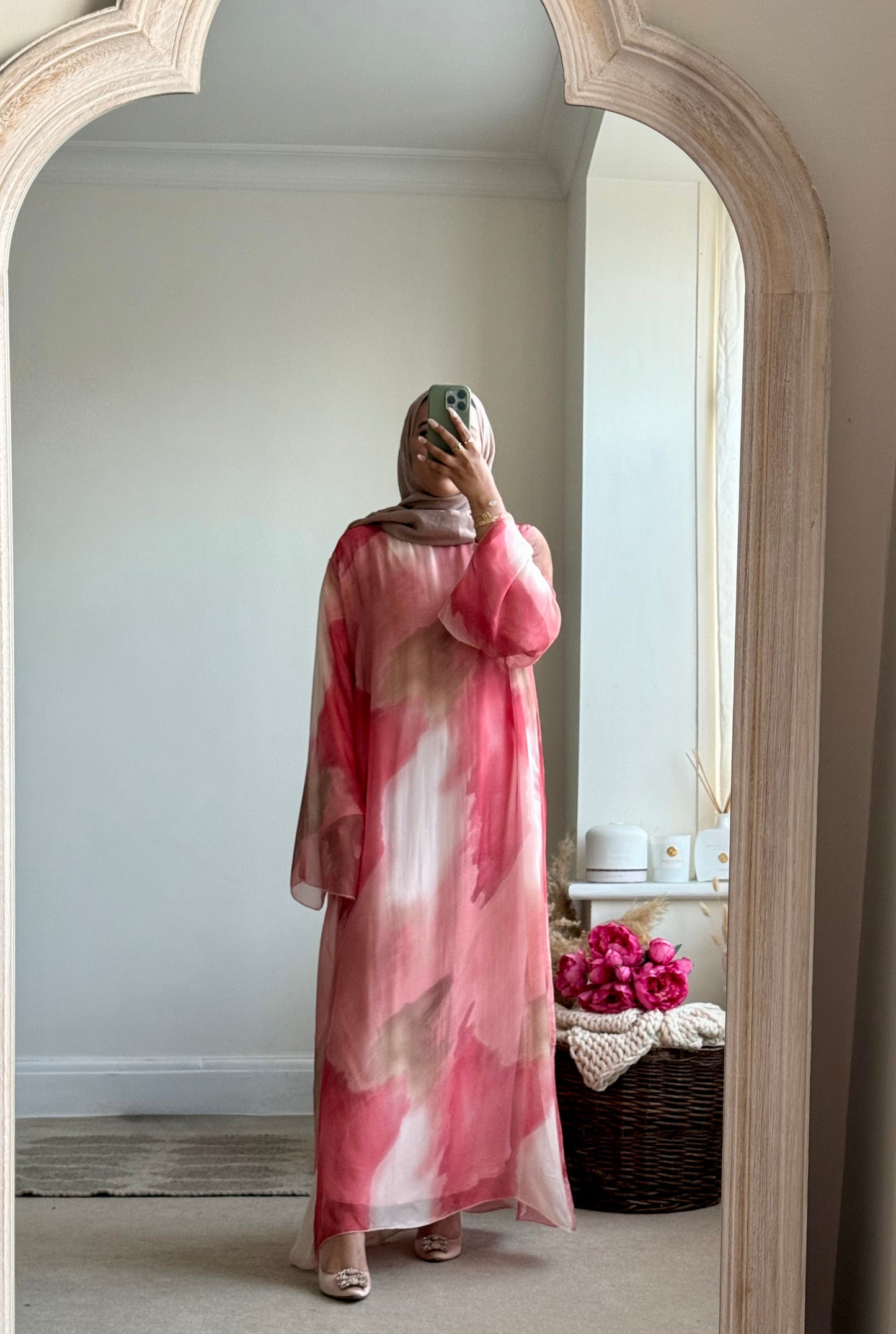 Hana printed kaftan style dress - Pink and Beige