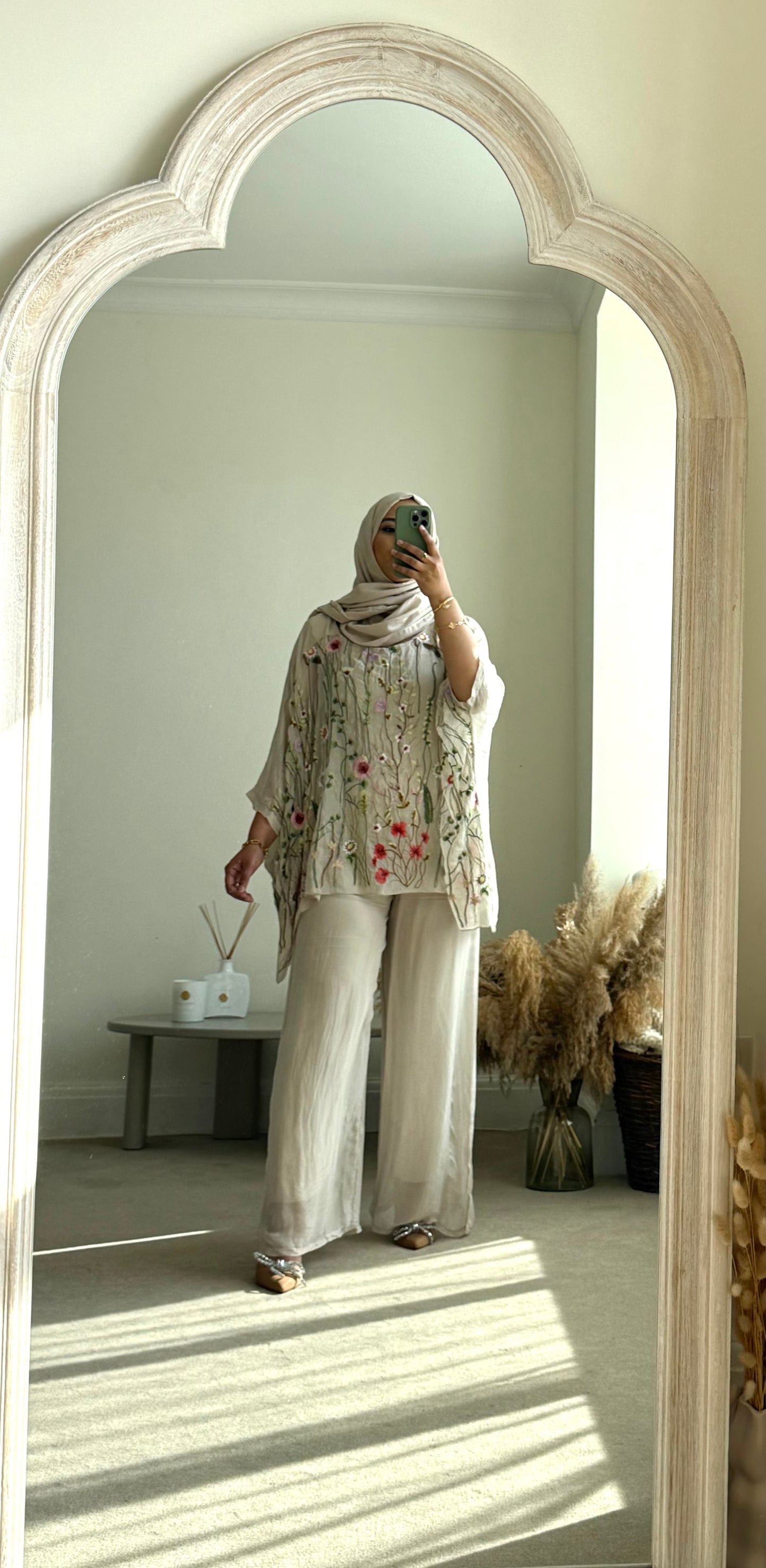 Floral embroidered Co-ord set - Beige with plain trousers