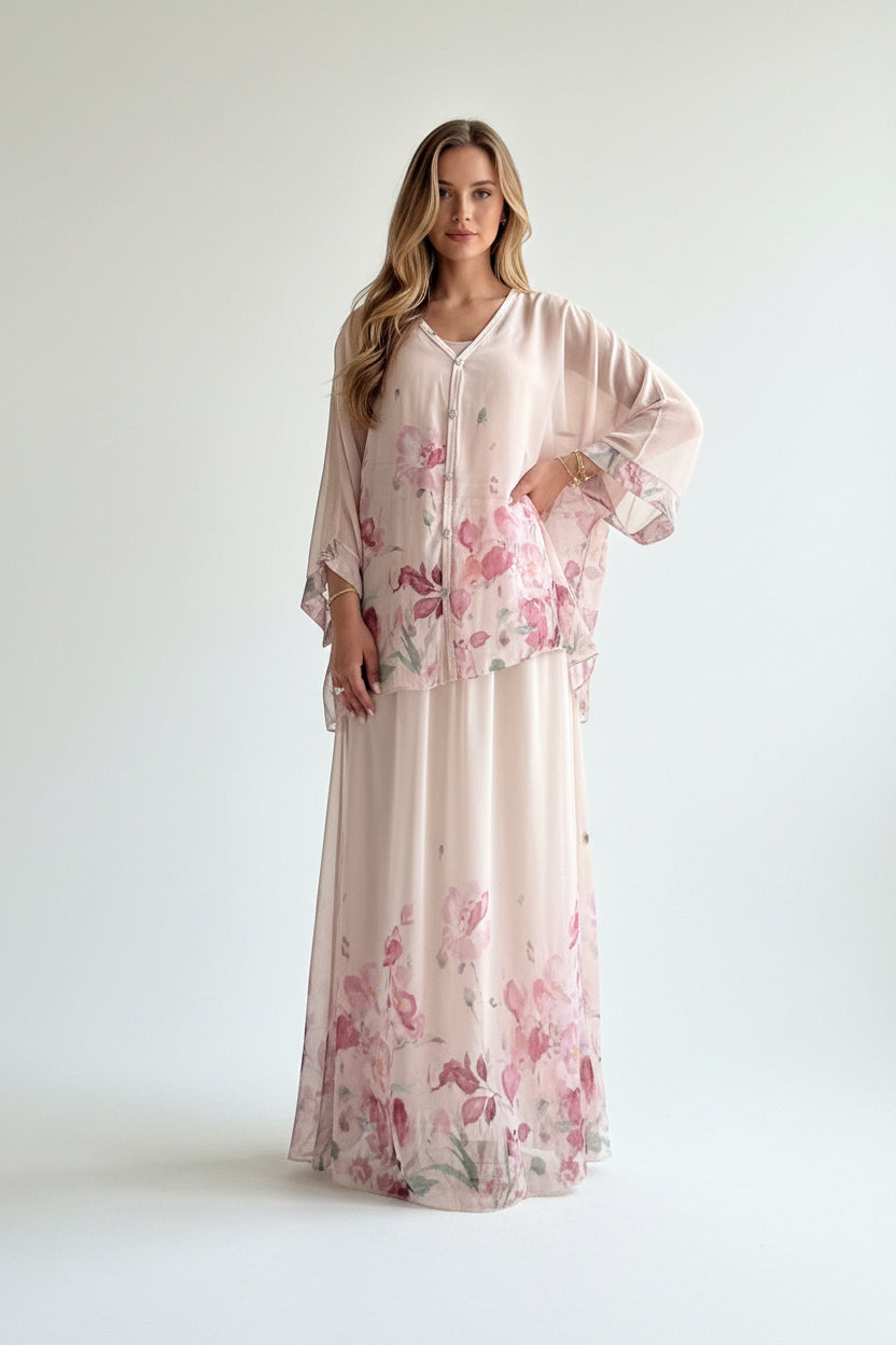 Mila silk skirt set - Beige & Pink