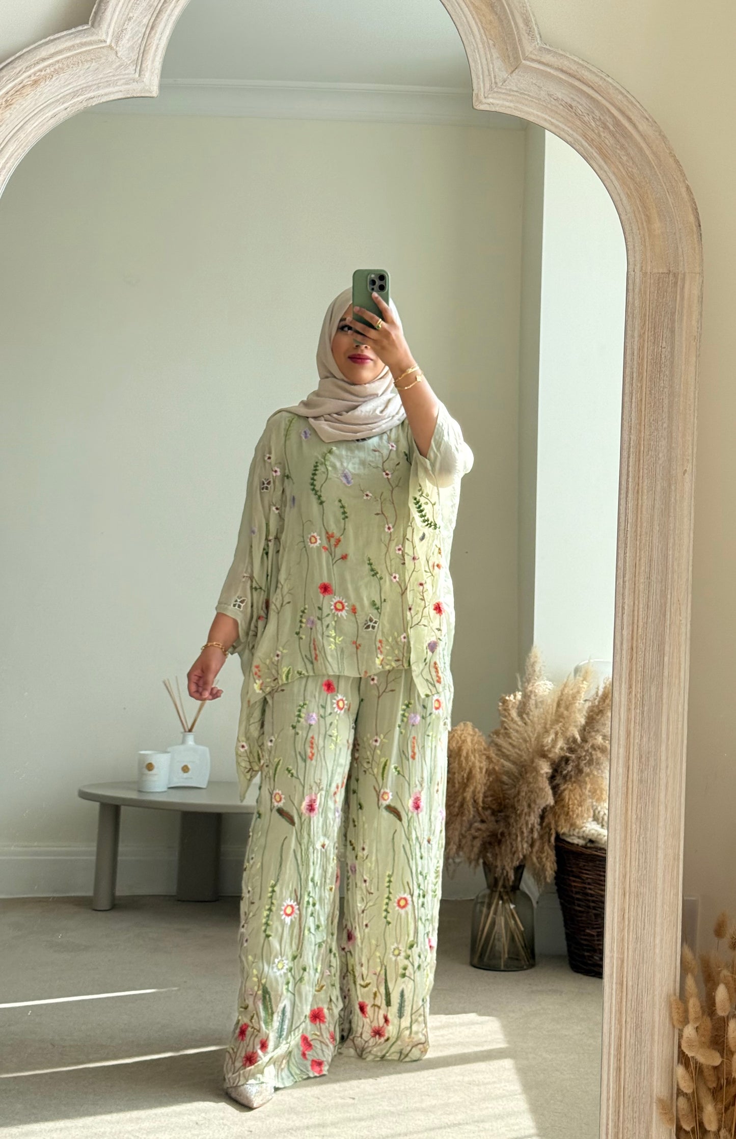 Floral embroidered Co-ord set - Sage Green