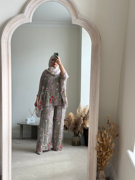 Floral embroidered Co-ord set -  Taupe Grey