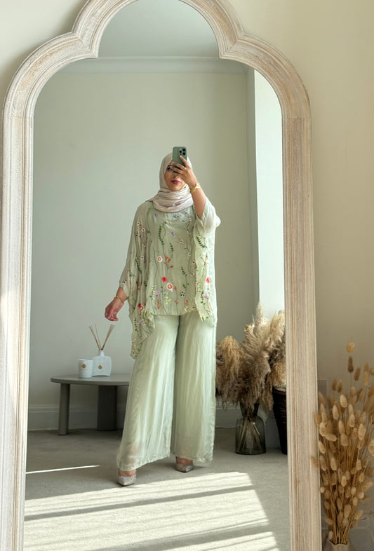 Floral embroidered Co-ord set -  Sage with plain trousers