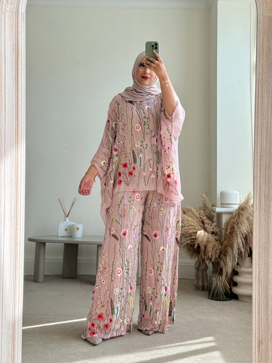 Floral embroidered Co-ord set - Rose Pink