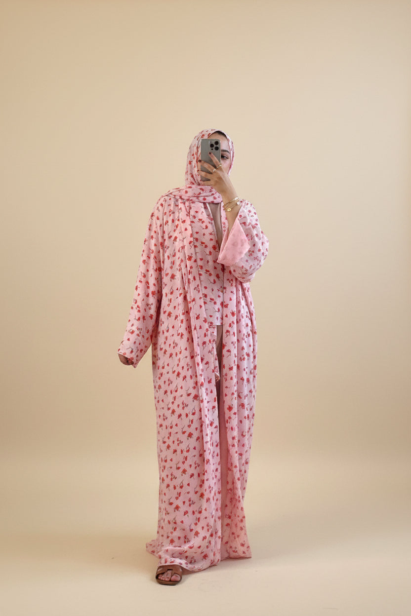Printed Abaya & Hijab set - PINK