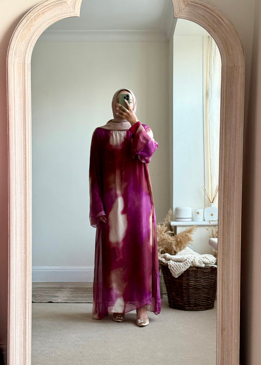 Hana printed kaftan style dress - Purple and Burgundy