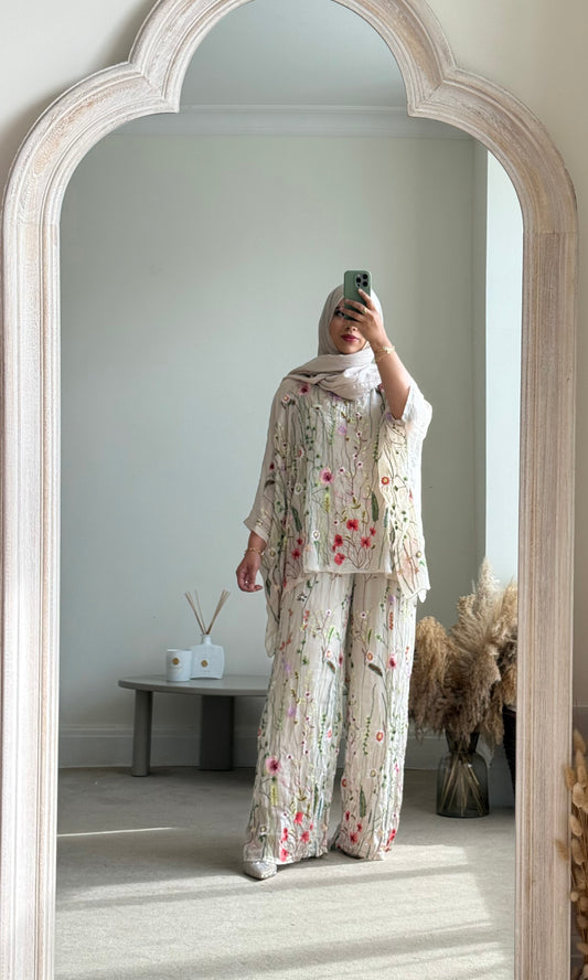 Floral embroidered Co-ord set -  Beige