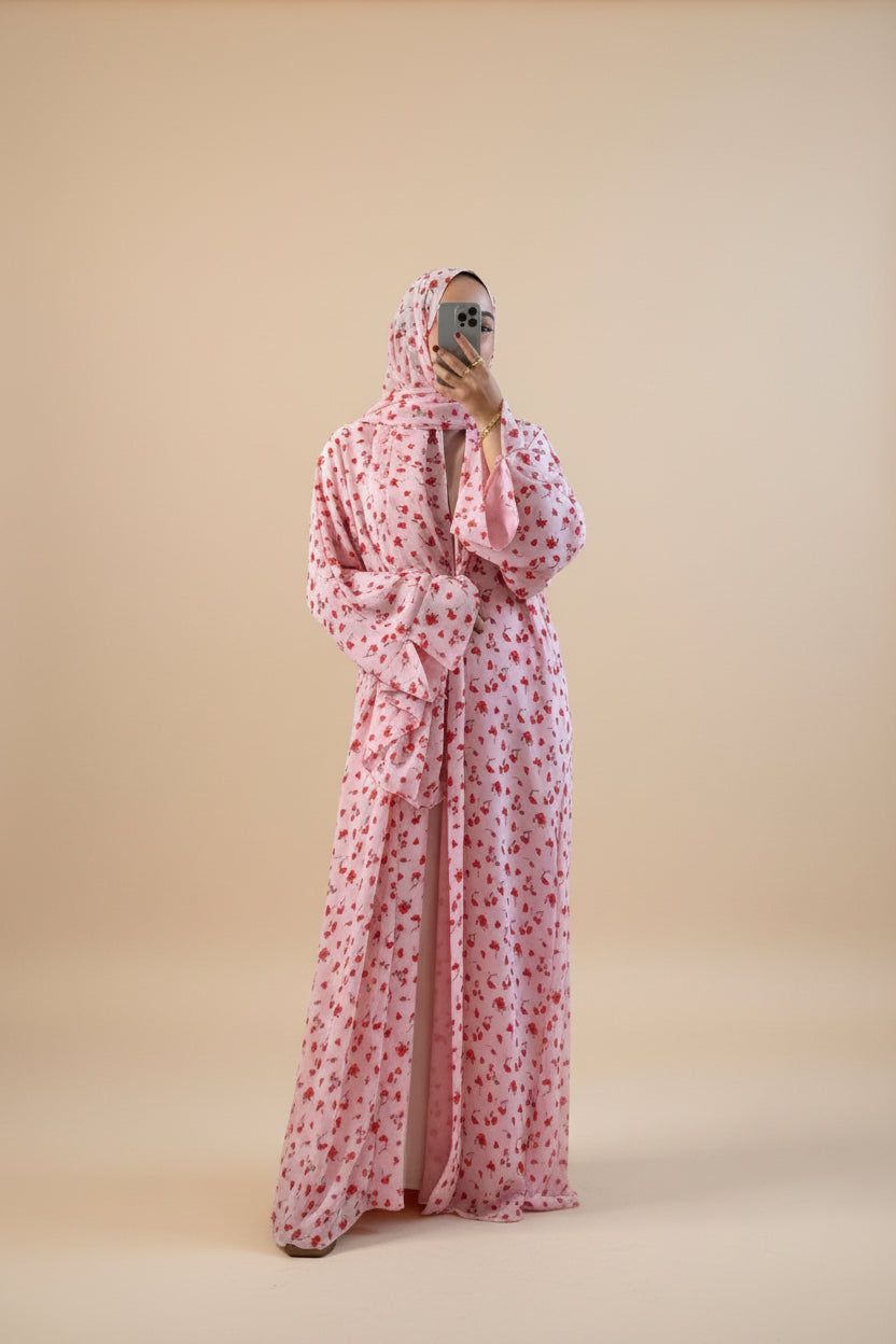 Printed Abaya & Hijab set - PINK