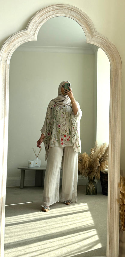 Floral embroidered Co-ord set -  Beige with plain trousers