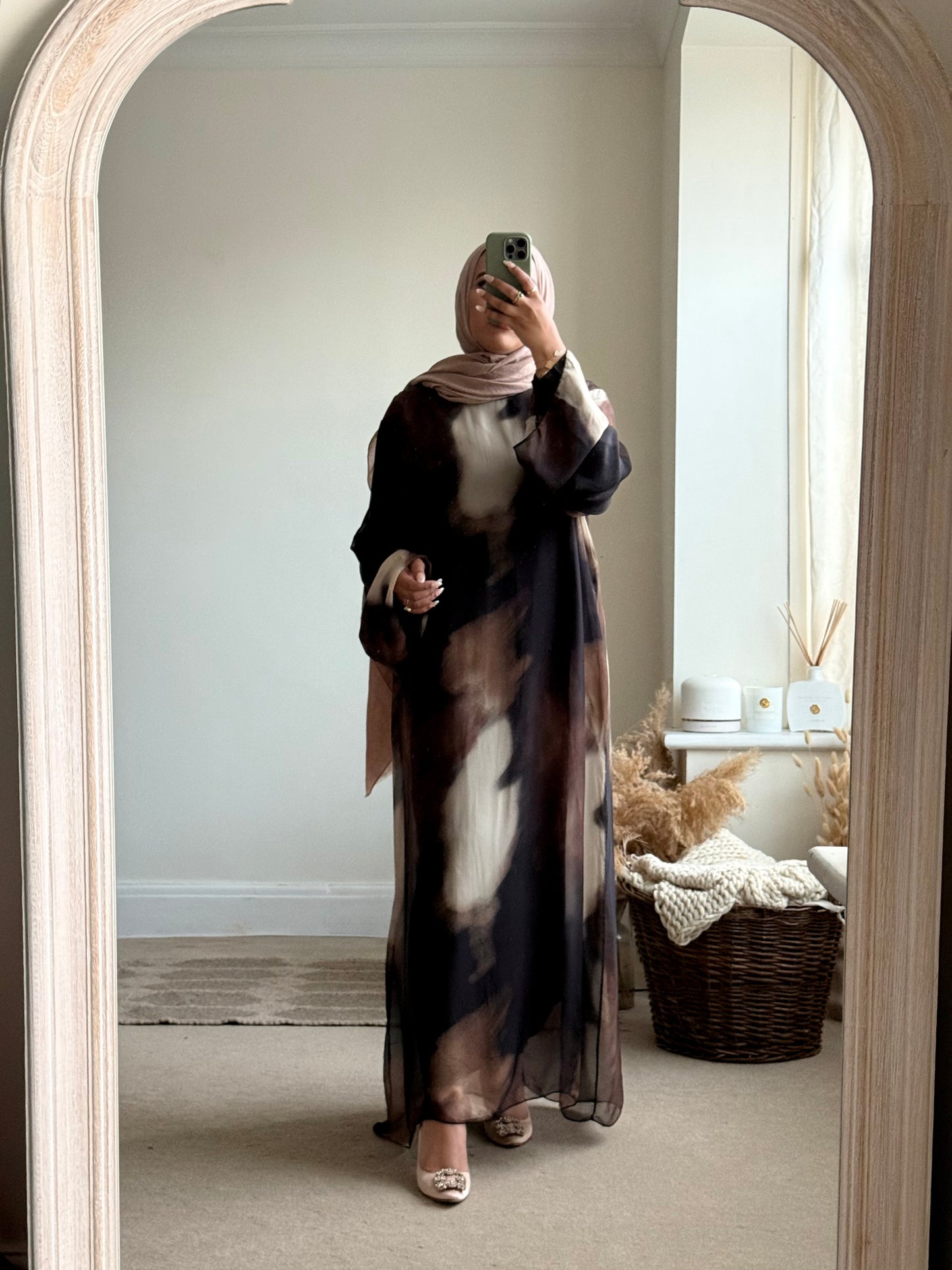 Hana printed kaftan style dress - Black and Beige