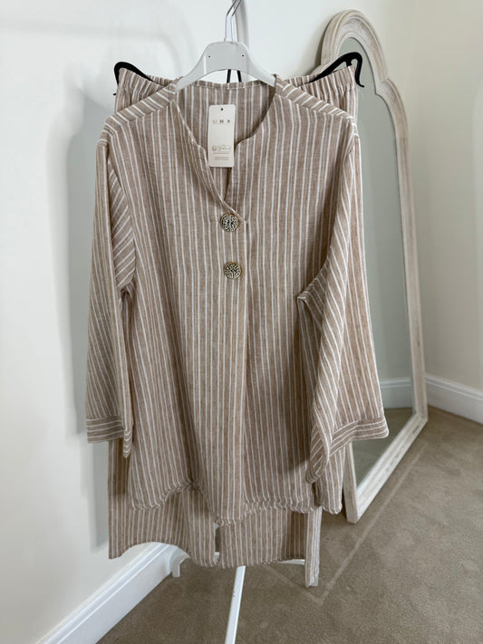 Amaya Linen Look Striped Co-ord - Beige