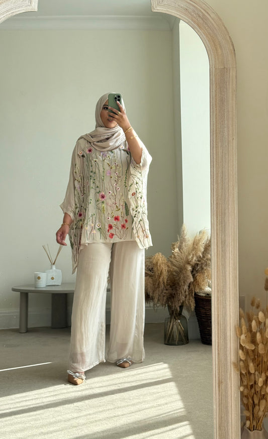 Floral embroidered Co-ord set -  Beige with plain trousers