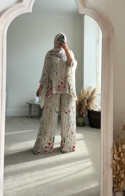 Floral embroidered Co-ord set -  Beige