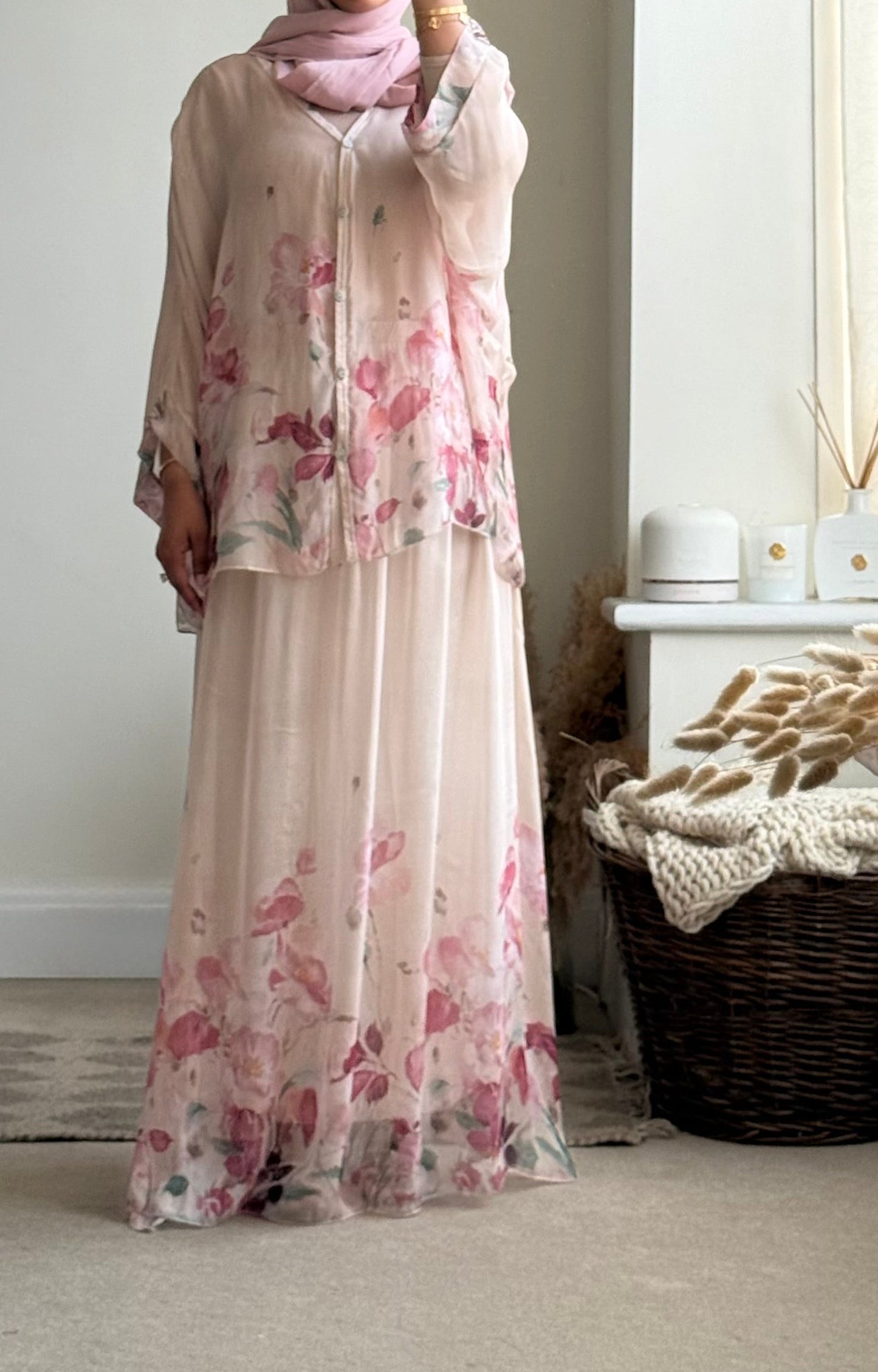 Mila silk skirt set - Beige & Pink