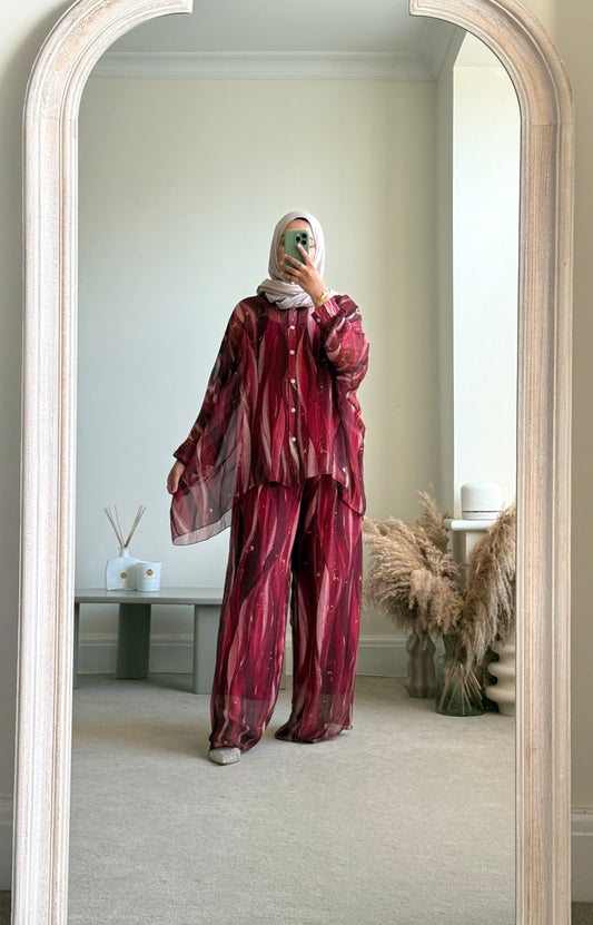 Riya Silk Blend Shirt Co-ord set - Maroon Red
