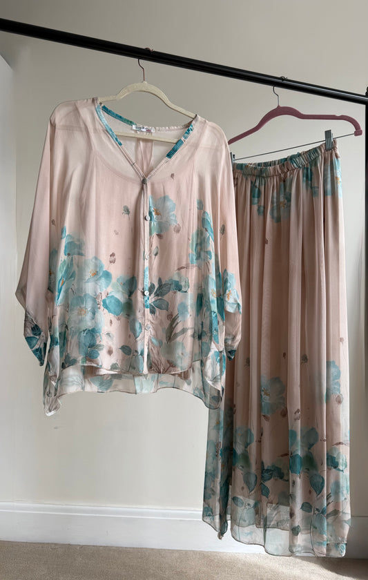 Mila silk skirt set - Beige & Turquoise