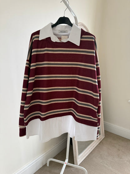 Tara stripy fleece sweater shirt - Burgundy