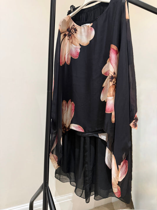 Black Floral Silk co ord set